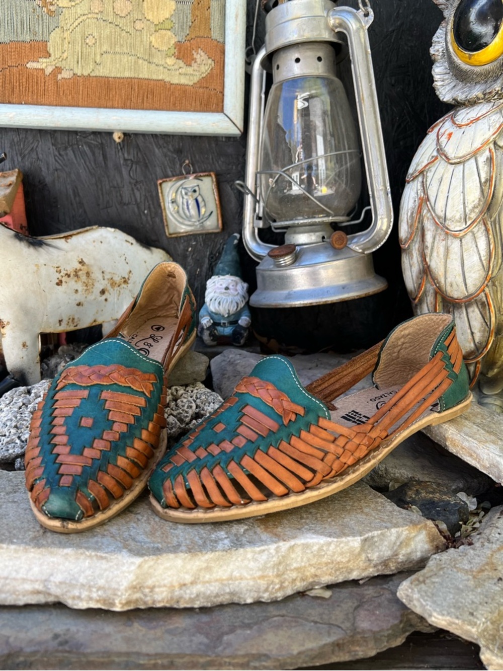 L&G Handwoven Leather Huarache Flats in Teal and Tan